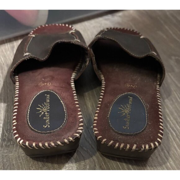 SunBay Brown Leather Footwear Slide Sandals Size 9N Stitched Detail Open Toe - Picture 5 of 7